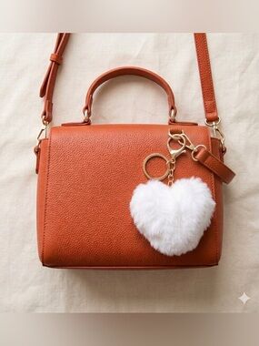 NWT White Fluffy Faux Fur Heart Pom Bag Charm Keychain Gold